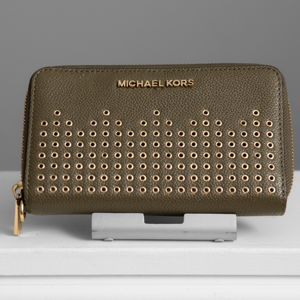 Michael Kors Olive Green Pebbled Leather Studded Zip Wallet Edgy Boho Chic MK